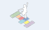 Logo der Regiestelle Frühkindliche Bildung, Betreuung und Erziehung – weiße Figur springt über bunte Rechtecke