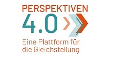 Logo des Projektes mit einem großen Schriftzug "Perspektiven 4.0" und mehreren Pfeilen, die nach vorne gerichtet sind