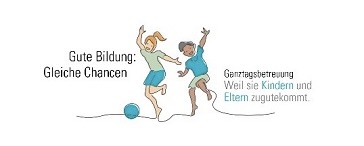 Logo Servicestelle Ganztag mit Kindern, die Ball spielen