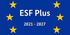 ESF-Logo: blauer Hintergrund mit Kreis aus Sternen, in der Mitte der Schriftzug "ESF-Plus 2021-2027"