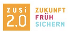 orangenes Rechteck mit Schriftzug "ZUSi 2.0" und daneben in bunt "Zukunft früh sichern"