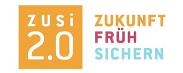 orangenes Rechteck mit Schriftzug "ZUSi 2.0" und daneben in bunt "Zukunft früh sichern"